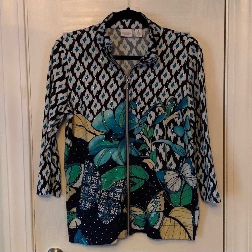 Chico’s light jacket, Greens, blues & white pattern Size1 #079